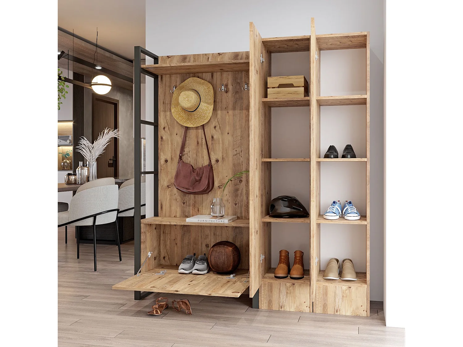 Meuble d'entrée style Industriel Alberka 2 portes à droite avec miroirs Métal noir et Chêne clair