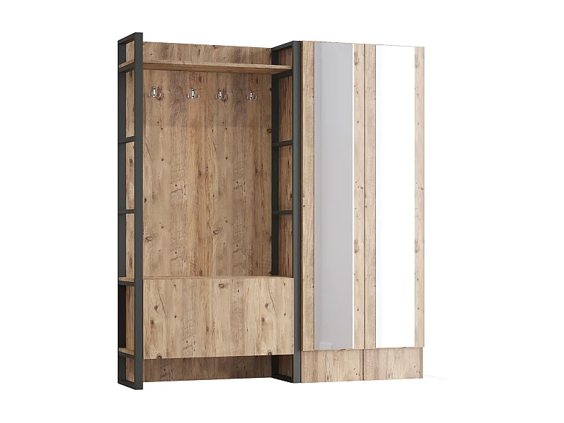 Meuble d'entrée style Industriel Alberka 2 portes à droite avec miroirs Métal noir et Chêne clair