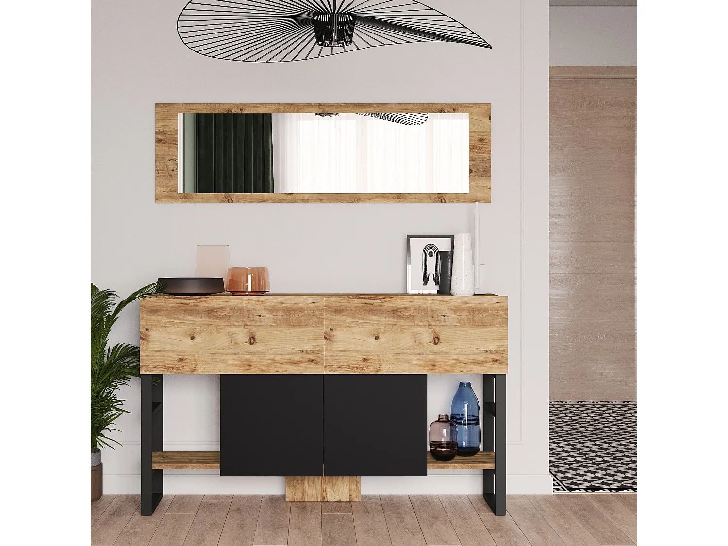 Nowoczesna komoda z lustrem, sosna atlantycka, 139 x 83,6 x 43,3 cm | Płyta wiórowa pokryta melaminą, 18 mm | Stylowe rozwiązanie do przechowywania w