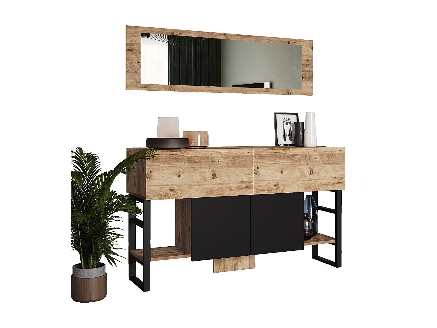 Nowoczesna komoda z lustrem, sosna atlantycka, 139 x 83,6 x 43,3 cm | Płyta wiórowa pokryta melaminą, 18 mm | Stylowe rozwiązanie do przechowywania w