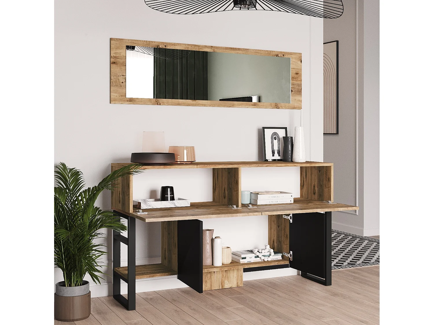 Nowoczesna komoda z lustrem, sosna atlantycka, 139 x 83,6 x 43,3 cm | Płyta wiórowa pokryta melaminą, 18 mm | Stylowe rozwiązanie do przechowywania w