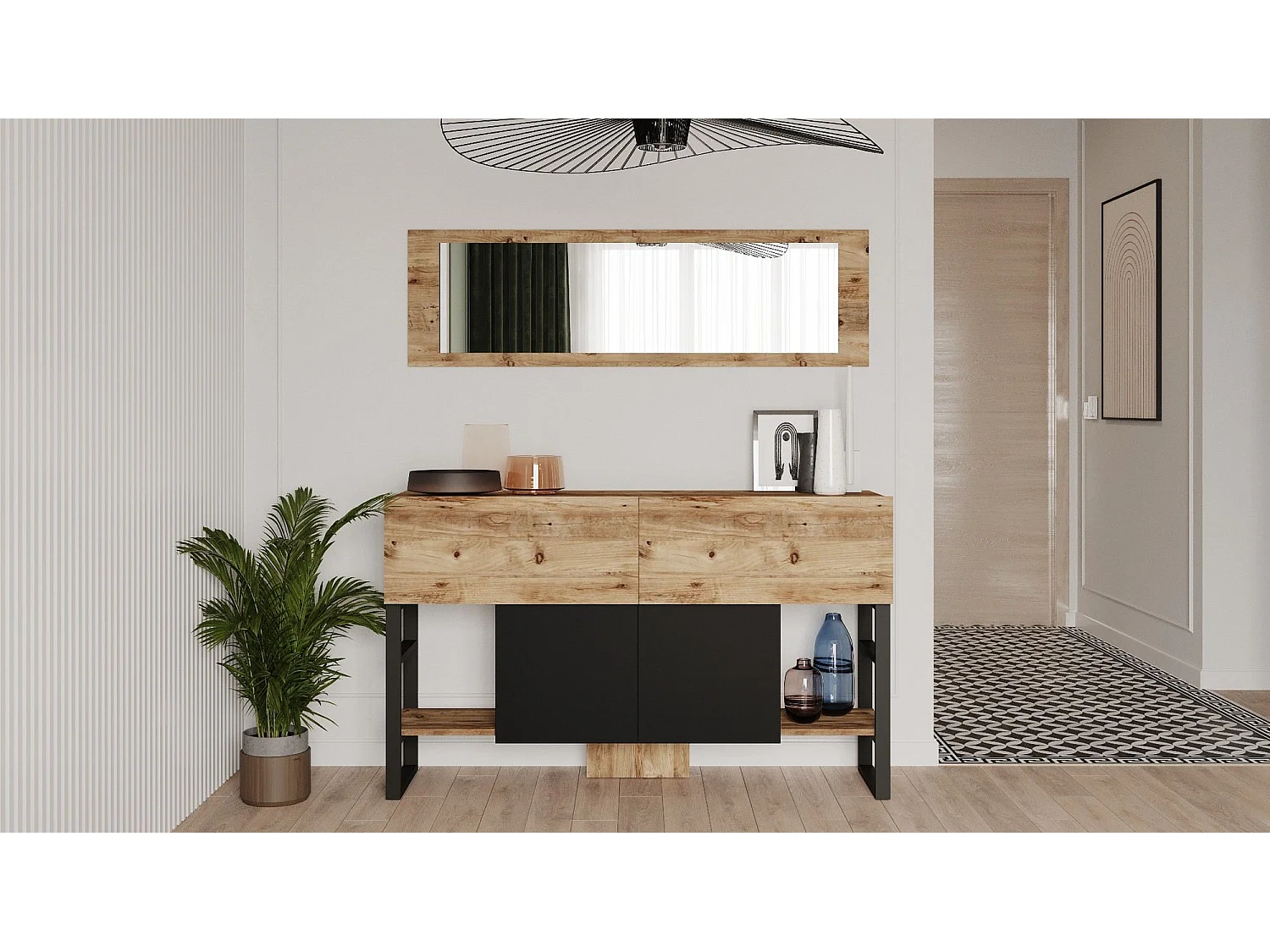 Nowoczesna komoda z lustrem, sosna atlantycka, 139 x 83,6 x 43,3 cm | Płyta wiórowa pokryta melaminą, 18 mm | Stylowe rozwiązanie do przechowywania w