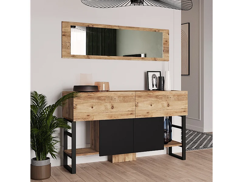 Nowoczesna komoda z lustrem, sosna atlantycka, 139 x 83,6 x 43,3 cm | Płyta wiórowa pokryta melaminą, 18 mm | Stylowe rozwiązanie do przechowywania w