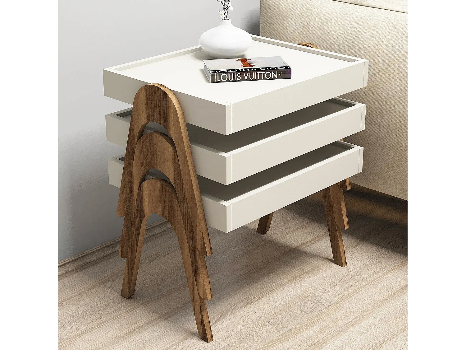 Conjunto mesa de centro Kailua 135, Crema|Nuez, 41x54x40cm, Aglomerado laminado, Angular