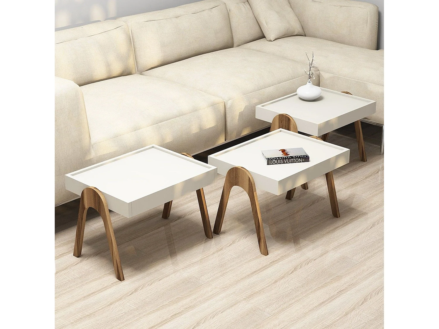 Conjunto mesa de centro Kailua 135, Crema|Nuez, 41x54x40cm, Aglomerado laminado, Angular