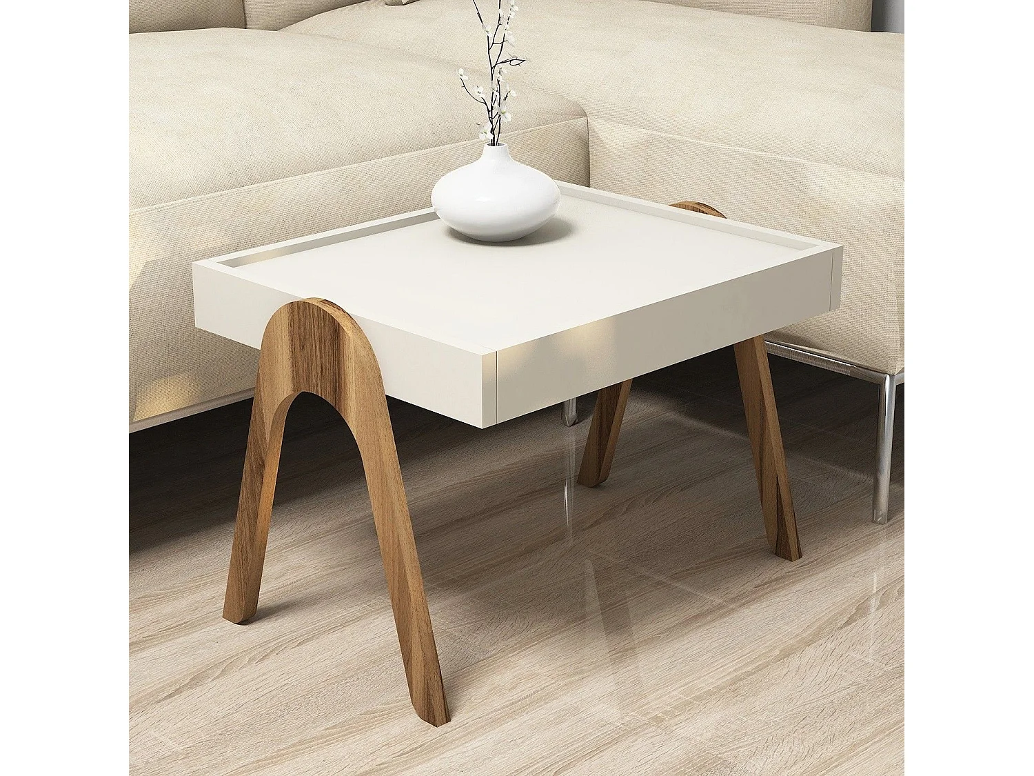 Zestaw 3 sztuk stolików bocznych YANA do układania w stos z naturalnego drewna i kremowej bieli, nowoczesny design, 53,6x40x41 cm