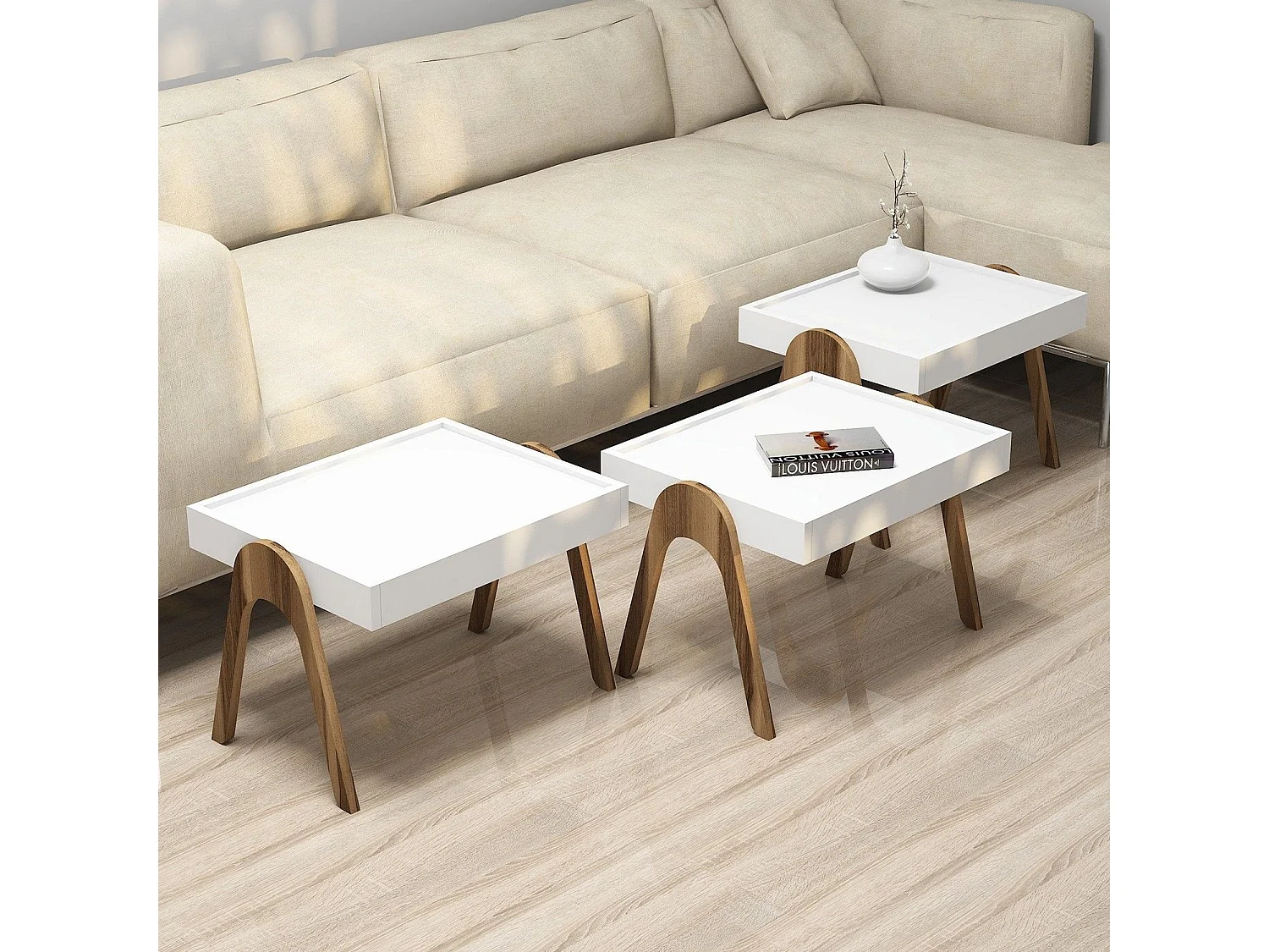 Lot de 3 bout de canapé Yana Bois Naturel et Blanc