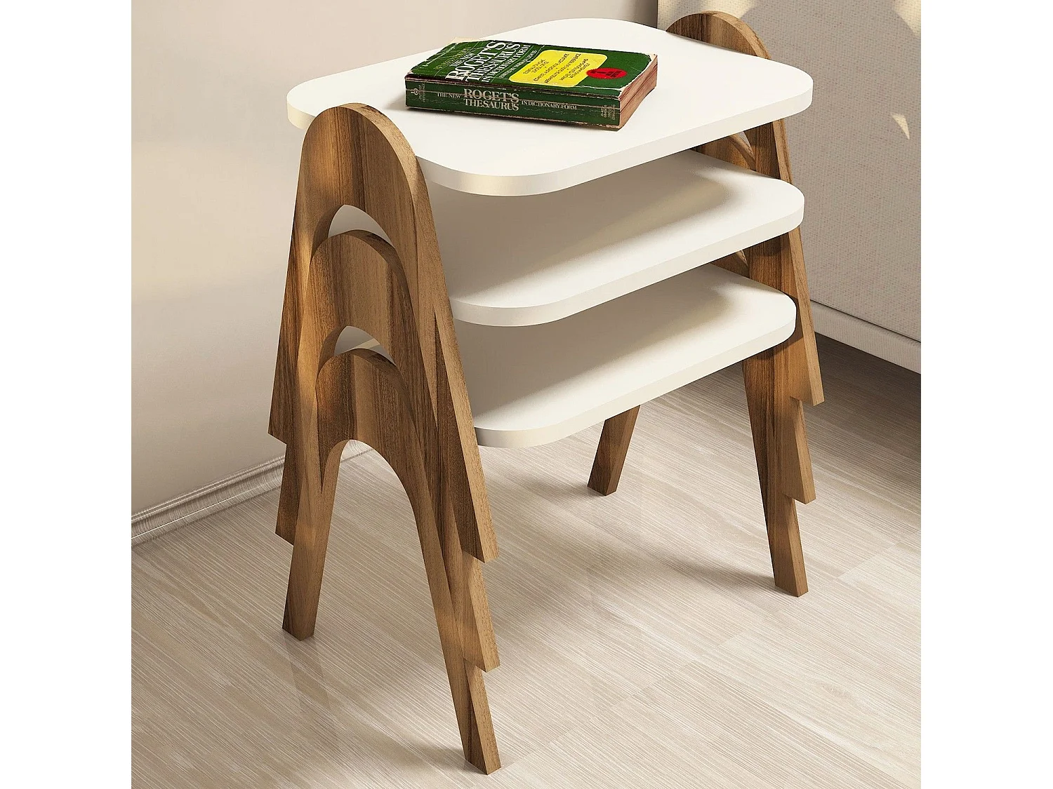 Lot de 3 bout de canapé Dilra Bois Naturel et Blanc crème