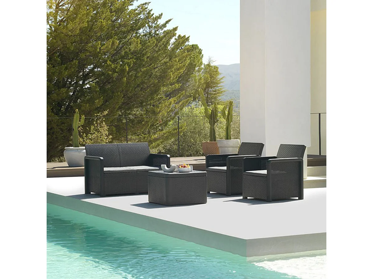 Salon meuble de jardin de 4 personnes coloris gris anthracite ( 2 fauteuils, canapé, table basse )
