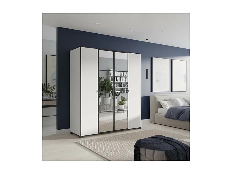 Armoire Wanda (180 cm)/Portes battantes/Miroir/Blanc et noir