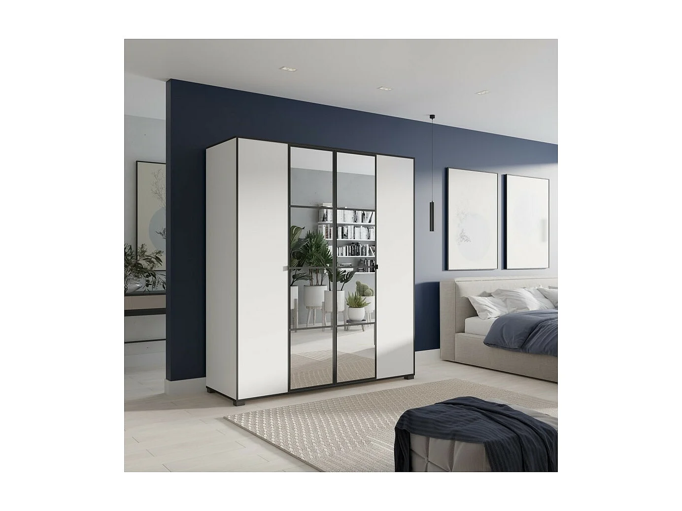 Armoire Wanda (180 cm)/Portes battantes/Miroir/Blanc et noir