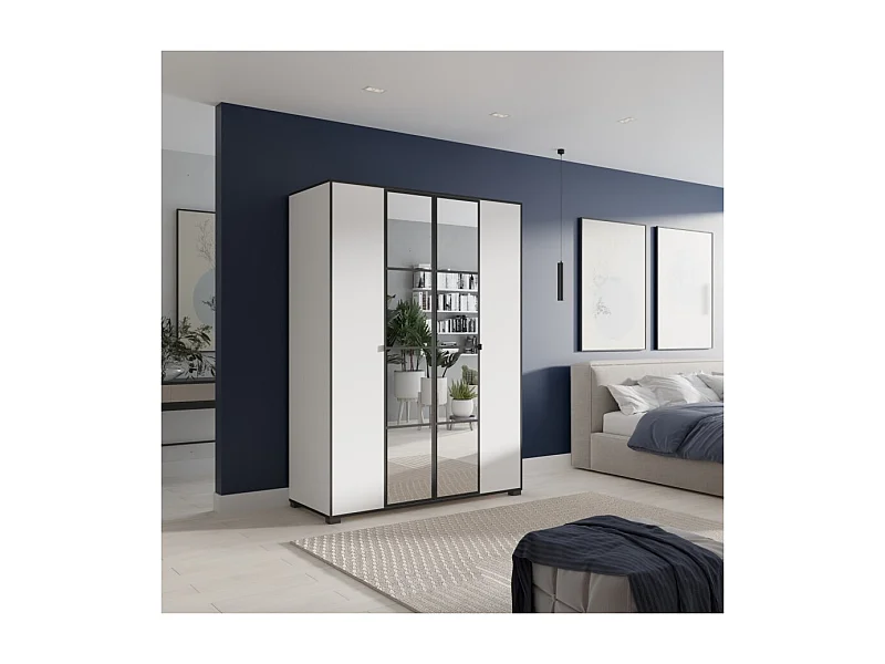 Armoire Wanda (150 cm)/Portes battantes/Miroir/Blanc et noir