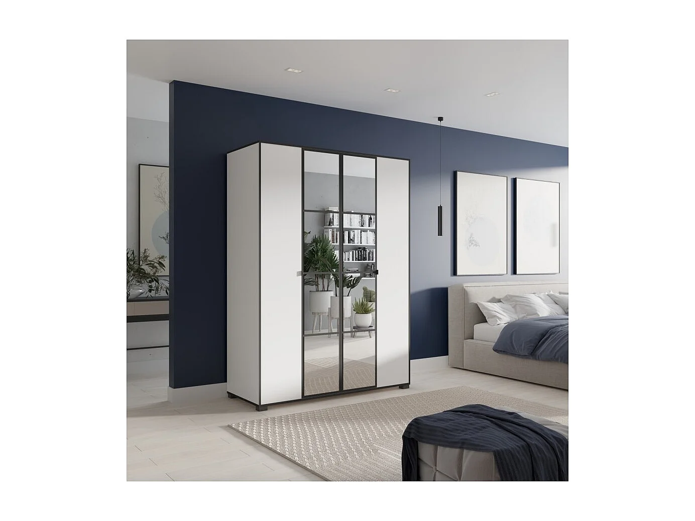 Armoire Wanda (150 cm)/Portes battantes/Miroir/Blanc et noir