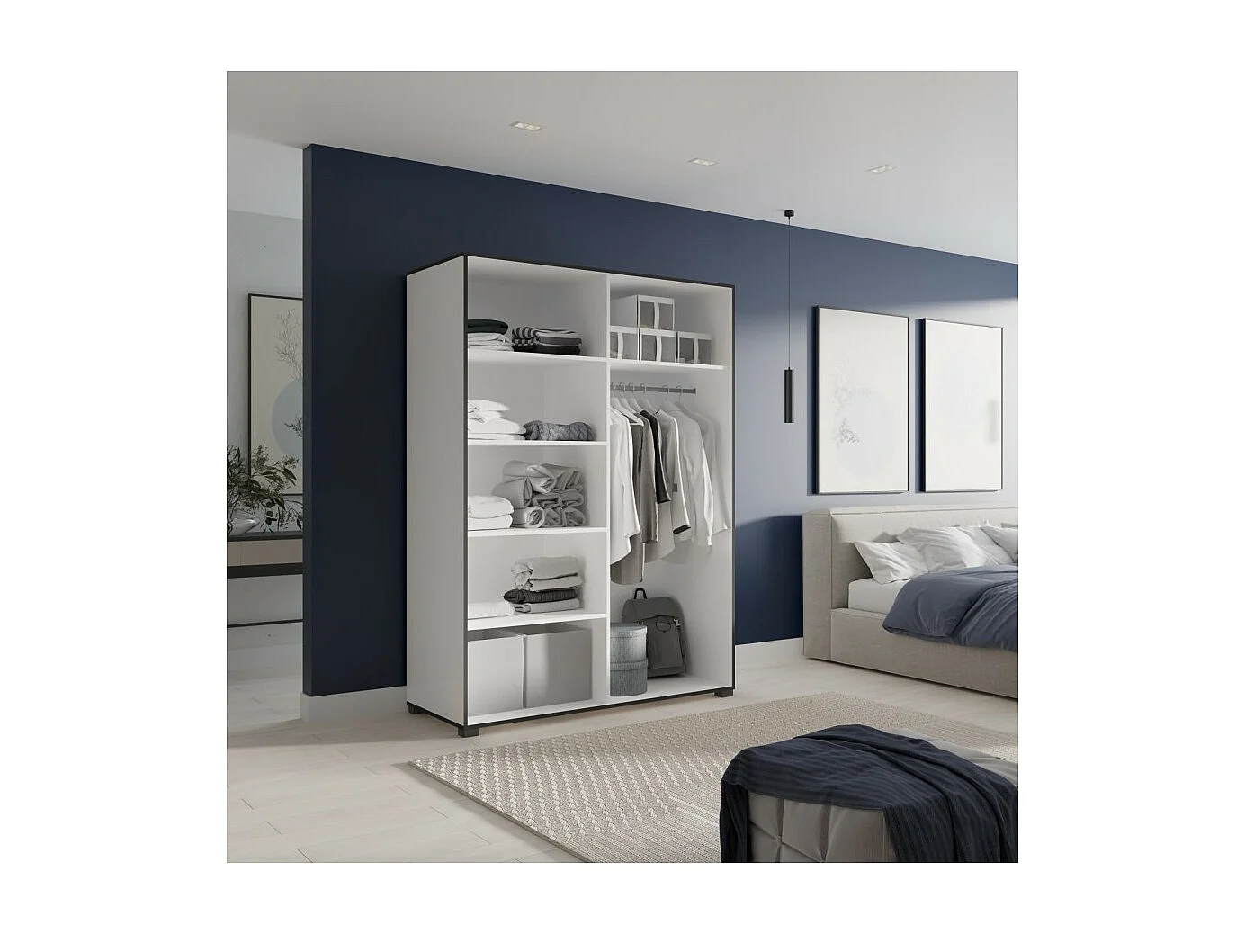 Armoire Wanda (150 cm)/Portes battantes/Miroir/Blanc et noir