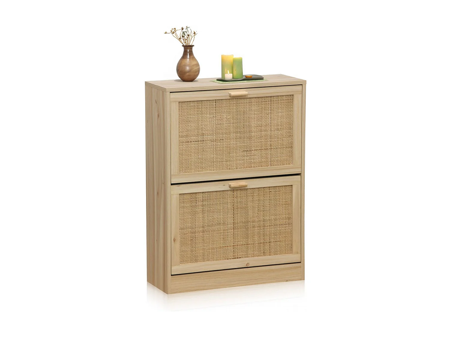 Zapatero de 2 puertas abatibles de rattán y madera 60x82 cm Made Pino - Rattan