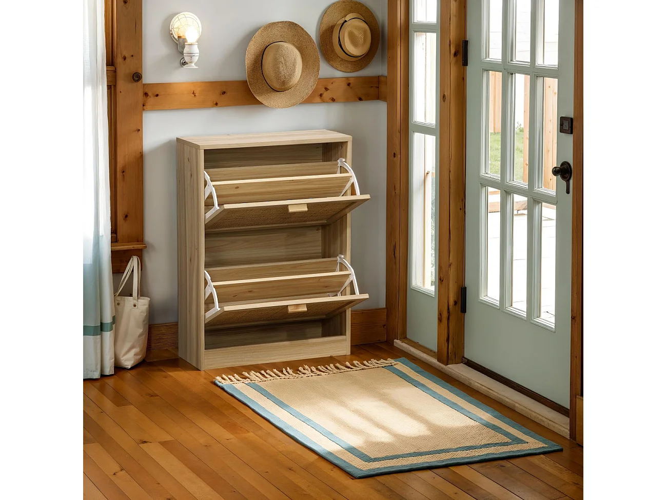 Zapatero de 2 puertas abatibles de rattán y madera 60x82 cm Made Pino - Rattan