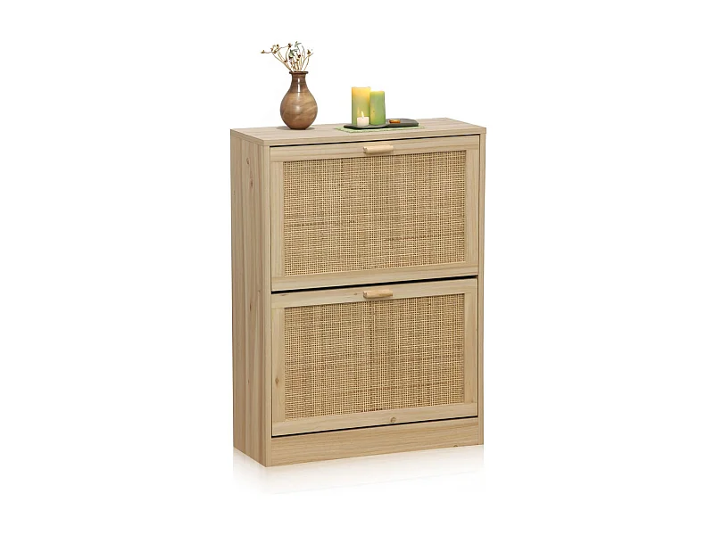 Zapatero de 2 puertas abatibles de rattán y madera 60x82 cm Made Pino - Rattan