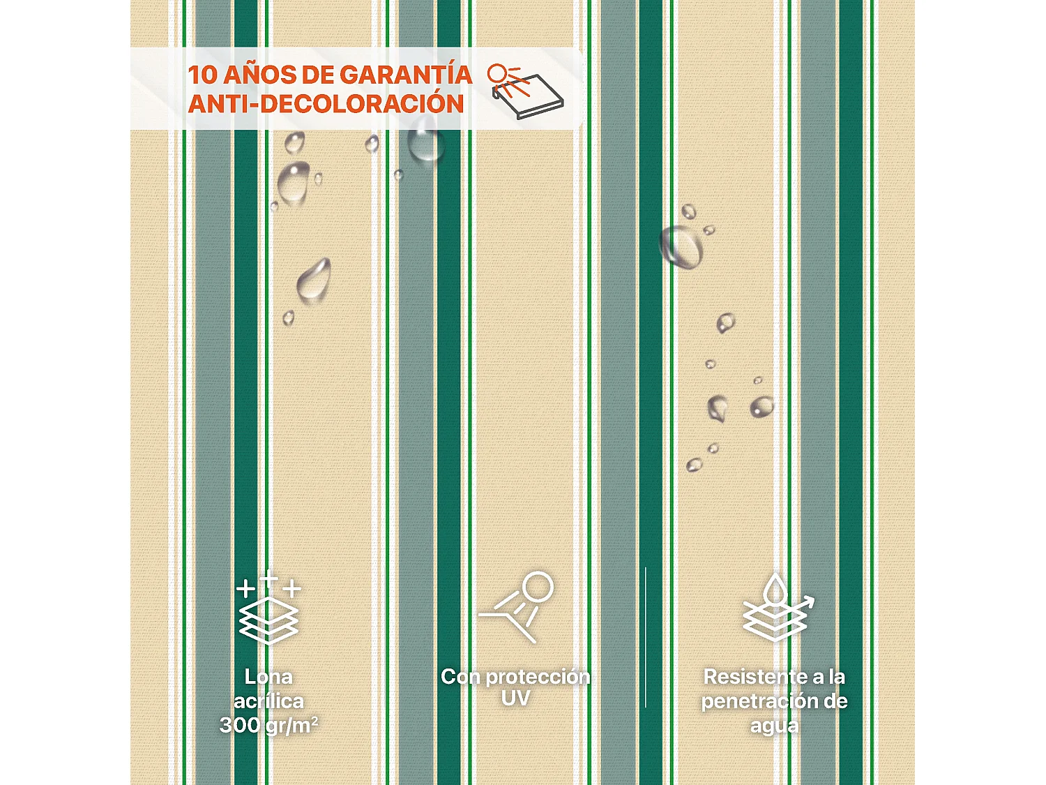 Wasabi - Lona Toldo 3x2 Beige/Verde Acrílico 300 gr/m² - 10 Años Garantía - Resistente Agua y UV - 283x200cm - Tela Enrollable Repuesto