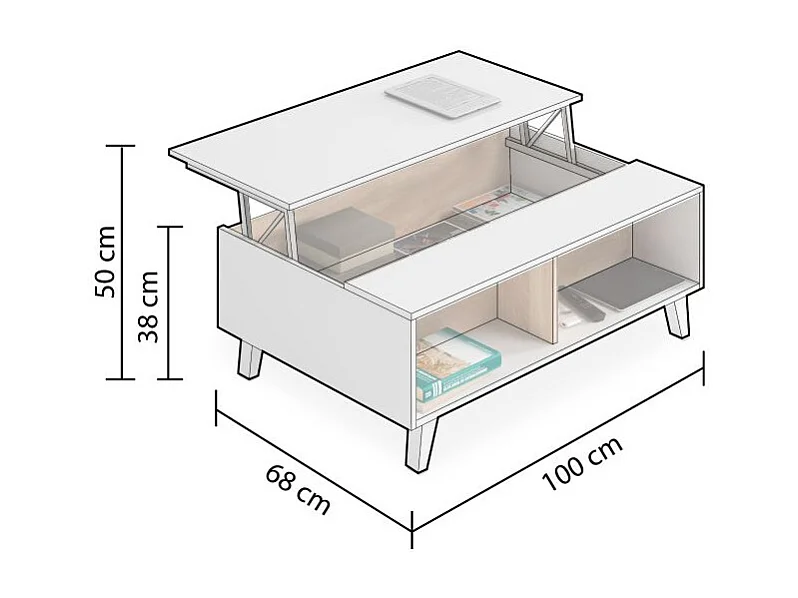 Mesa de centro elevable Niva Blanco Brillo - Roble Canadian