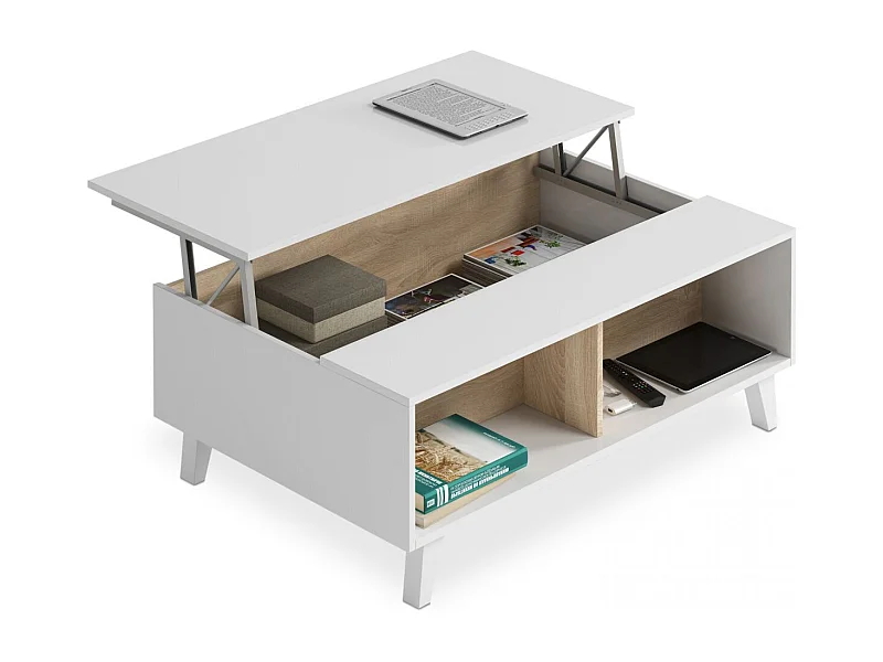 Mesa de centro elevable Niva Blanco Brillo - Roble Canadian