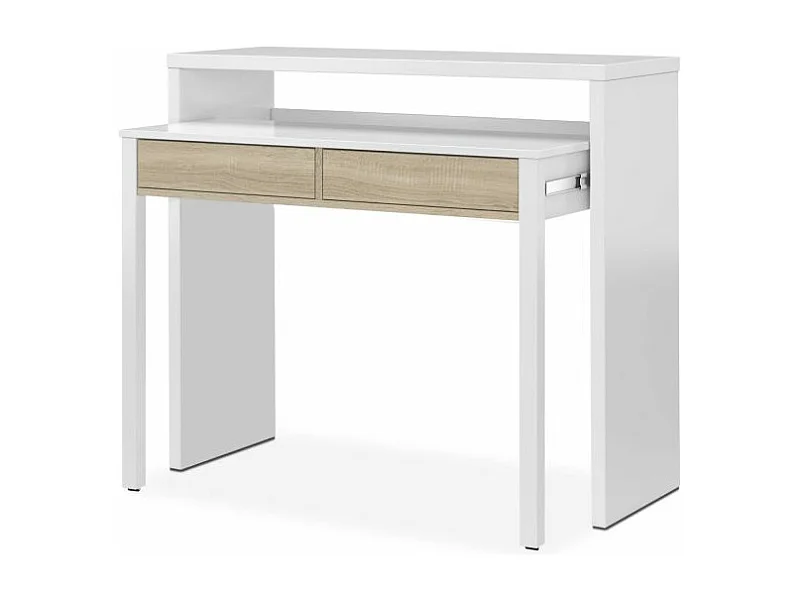 Mesa de escritorio extensible Zira Blanco Artik (Blanco Mate) - Roble Canadian