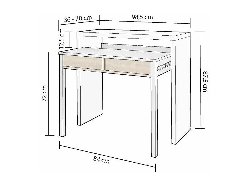 Mesa de escritorio extensible Zira Blanco Artik (Blanco Mate) - Roble Canadian
