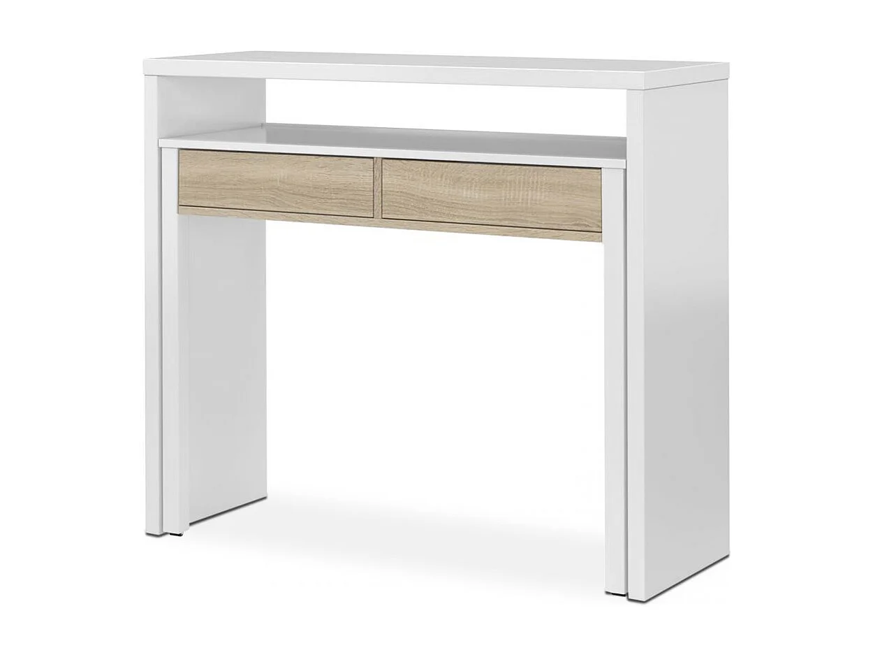 Mesa de escritorio extensible Zira Blanco Artik (Blanco Mate) - Roble Canadian