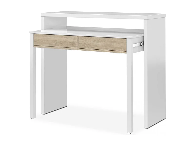 Mesa de escritorio extensible Zira Blanco Artik (Blanco Mate) - Roble Canadian