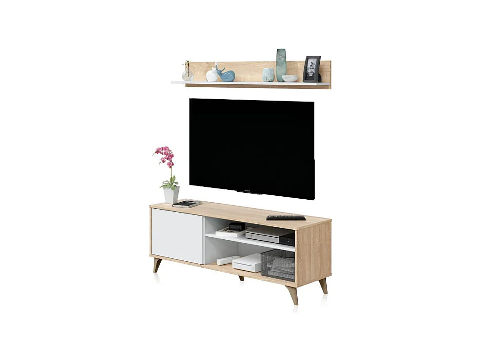 Mueble TV con estante Lira Blanco Artik (Blanco Mate) - Roble Canadian