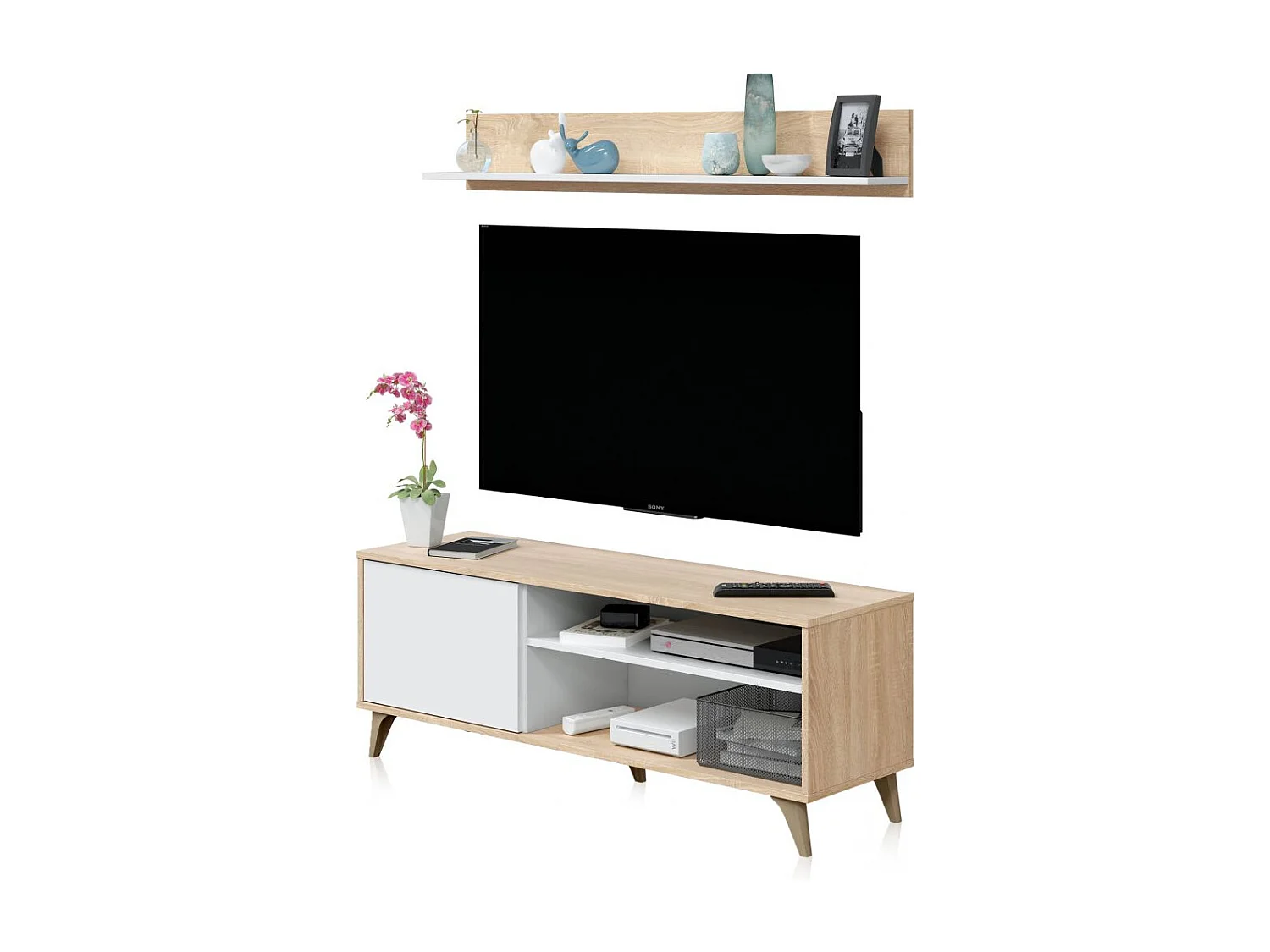 Mueble TV con estante Lira Blanco Artik (Blanco Mate) - Roble Canadian