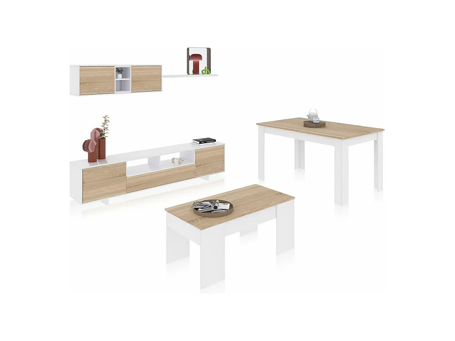 Pack salón con mesa de centro y mesa de comedor Kenzo Max V2B Blanco Brillo - Roble Canadian