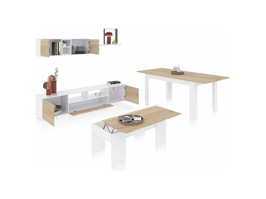 Pack salón con mesa de centro y mesa de comedor Kenzo Max V2B Blanco Brillo - Roble Canadian