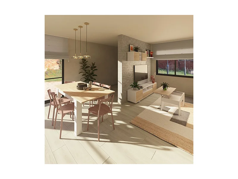 Pack salón con mesa de centro y mesa de comedor Kenzo Max V2B Blanco Brillo - Roble Canadian