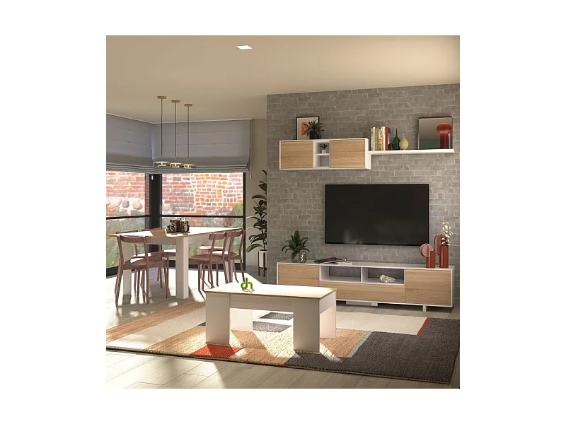 Pack salón con mesa de centro y mesa de comedor Kenzo Max V2B Blanco Brillo - Roble Canadian