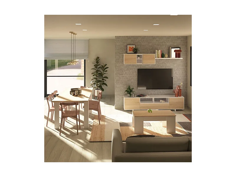 Pack salón con mesa de centro y mesa de comedor Kenzo Max V2B Blanco Brillo - Roble Canadian