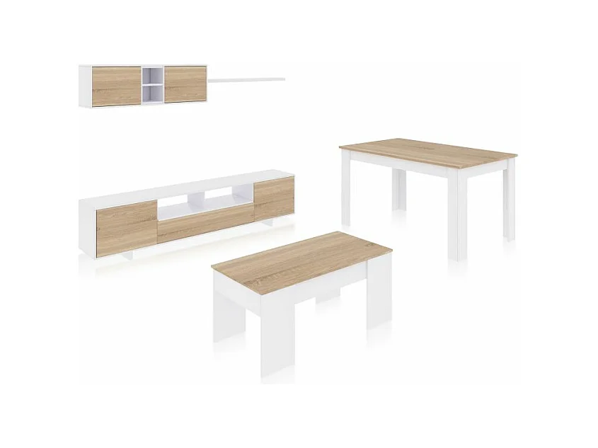 Pack salón con mesa de centro y mesa de comedor Kenzo Max V2B Blanco Brillo - Roble Canadian