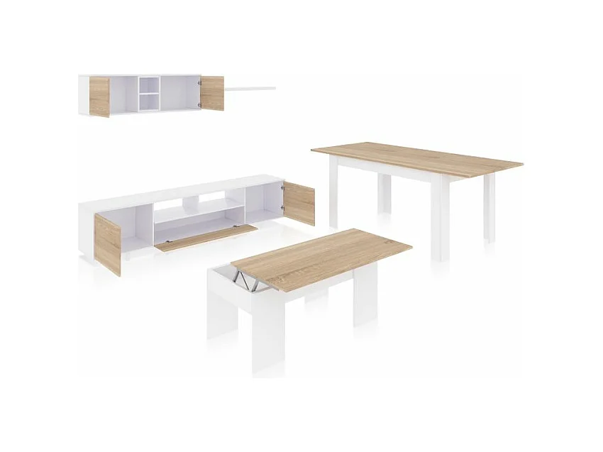 Pack salón con mesa de centro y mesa de comedor Kenzo Max V2B Blanco Brillo - Roble Canadian