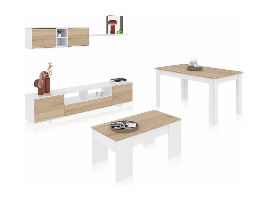 Pack salón con mesa de centro y mesa de comedor Kenzo Max V2B Blanco Brillo - Roble Canadian