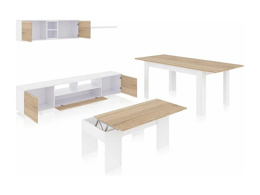 Pack salón con mesa de centro y mesa de comedor Kenzo Max V2B Blanco Brillo - Roble Canadian