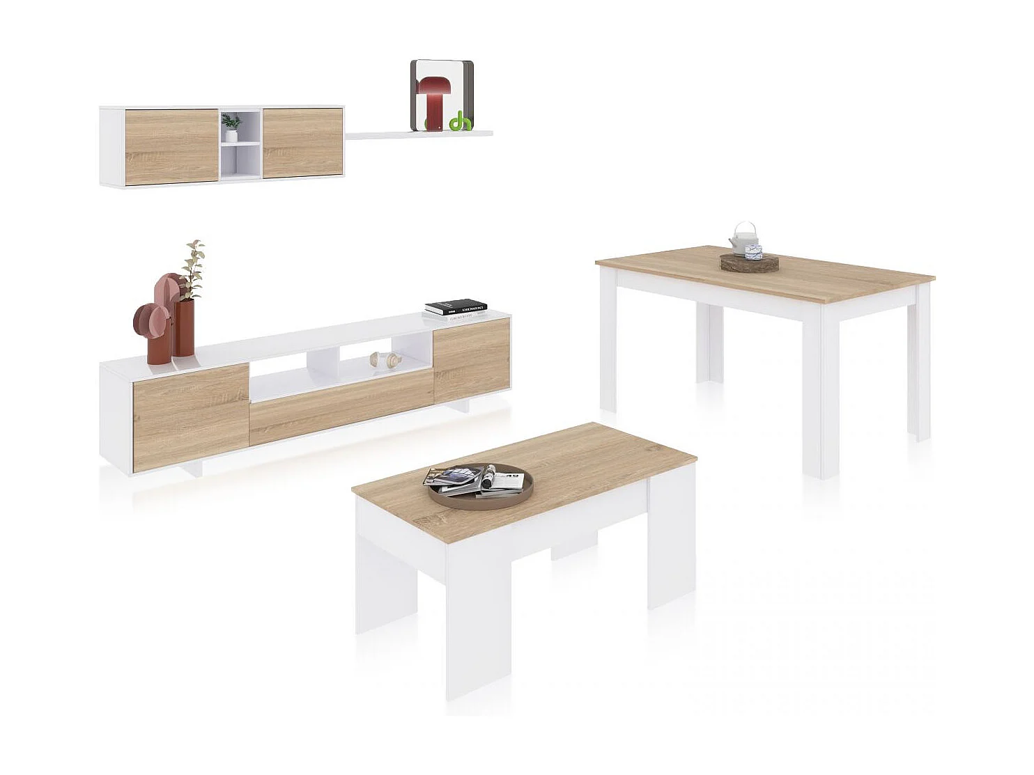 Pack salón con mesa de centro y mesa de comedor Kenzo Max V2B Blanco Brillo - Roble Canadian