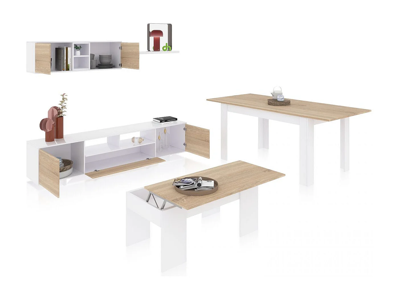 Pack salón con mesa de centro y mesa de comedor Kenzo Max V2B Blanco Brillo - Roble Canadian