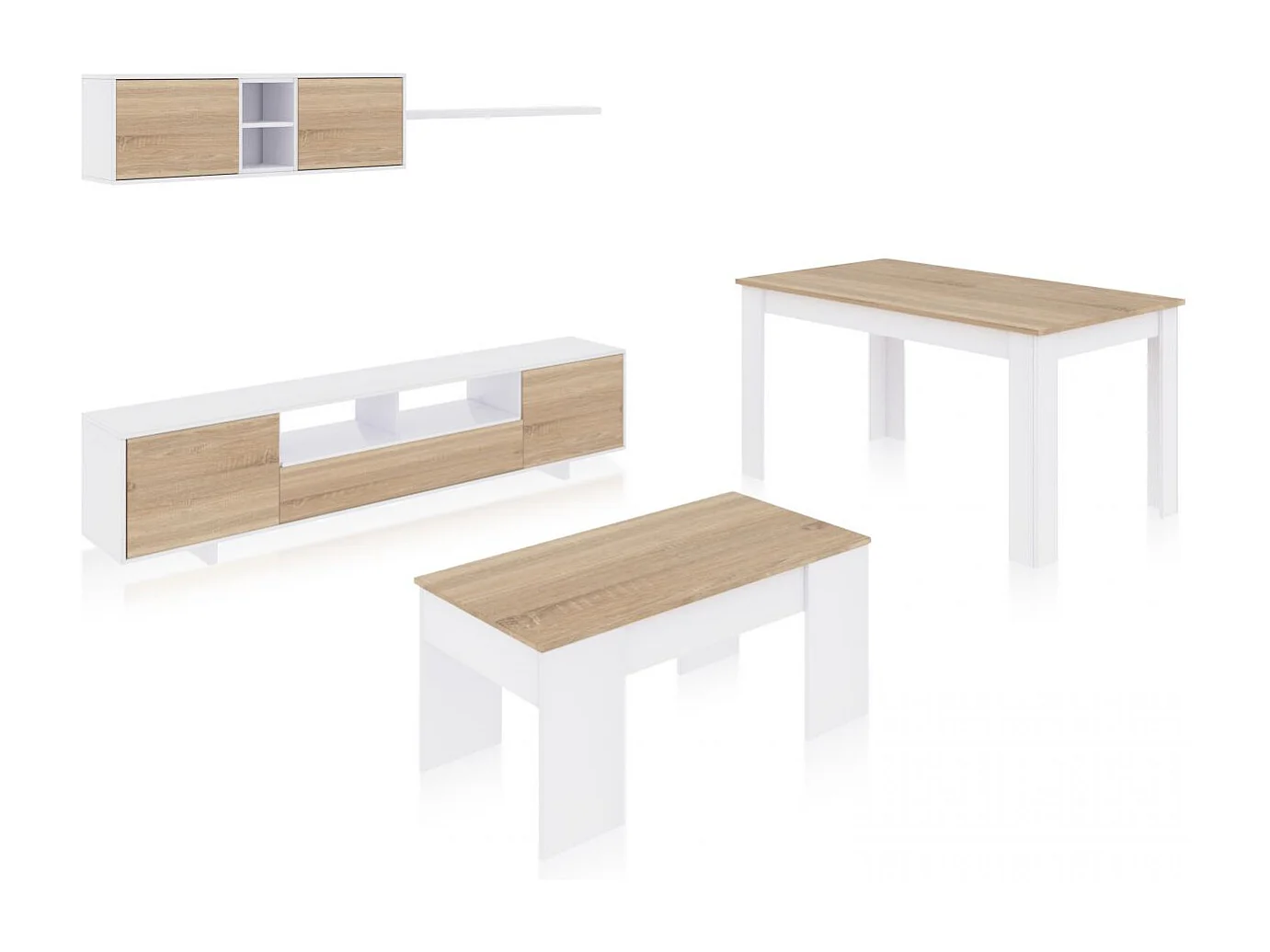 Pack salón con mesa de centro y mesa de comedor Kenzo Max V2B Blanco Brillo - Roble Canadian
