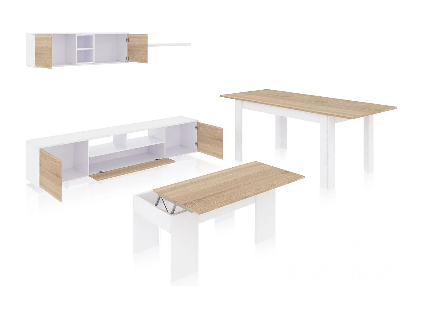 Pack salón con mesa de centro y mesa de comedor Kenzo Max V2B Blanco Brillo - Roble Canadian
