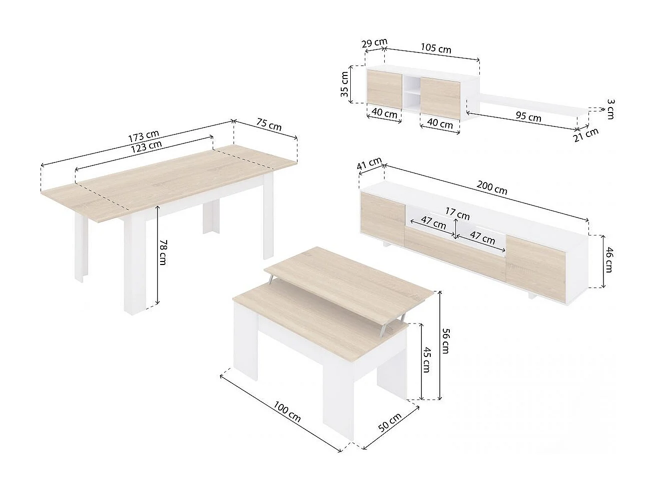 Pack salón con mesa de centro y mesa de comedor Kenzo Max V2B Blanco Brillo - Roble Canadian