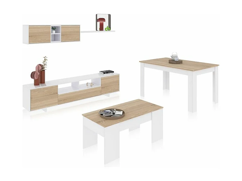 Pack salón con mesa de centro y mesa de comedor Kenzo Max V2B Blanco Brillo - Roble Canadian