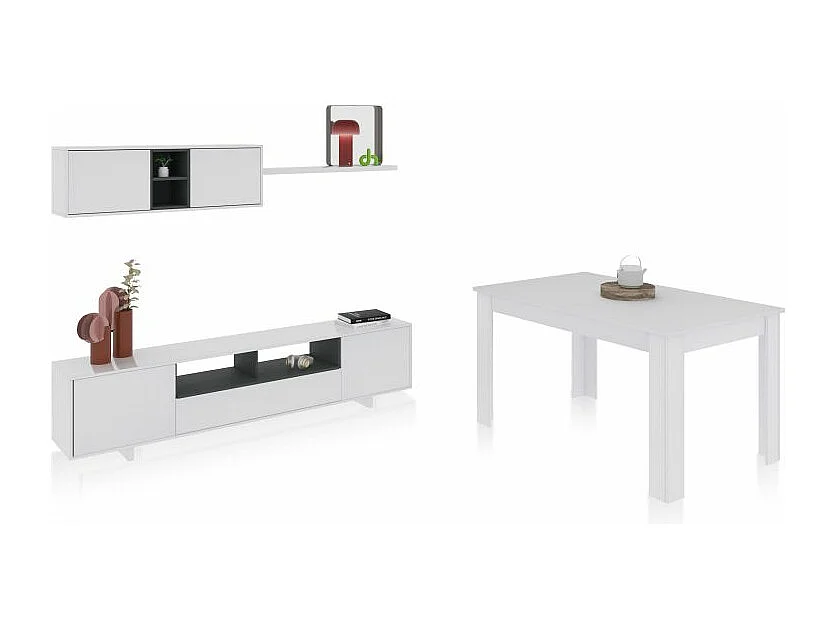 Pack salón con mesa de comedor Kenzo Plus VB Blanco Brillo - Gris Antracita
