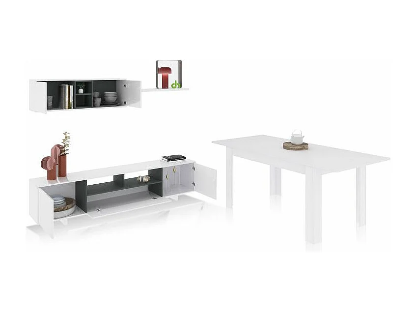 Pack salón con mesa de comedor Kenzo Plus VB Blanco Brillo - Gris Antracita