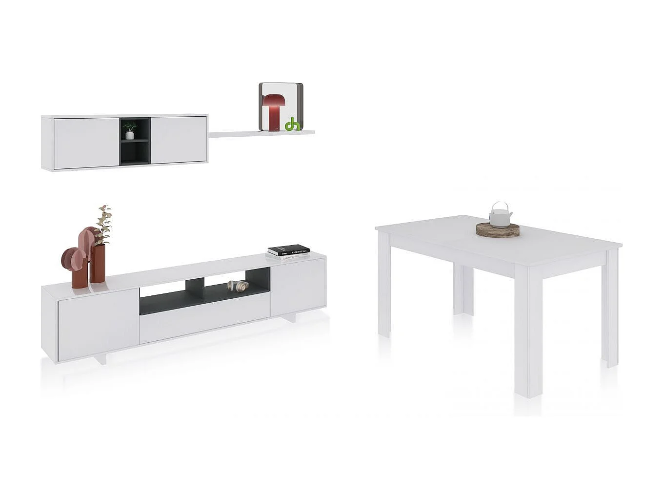 Pack salón con mesa de comedor Kenzo Plus VB Blanco Brillo - Gris Antracita