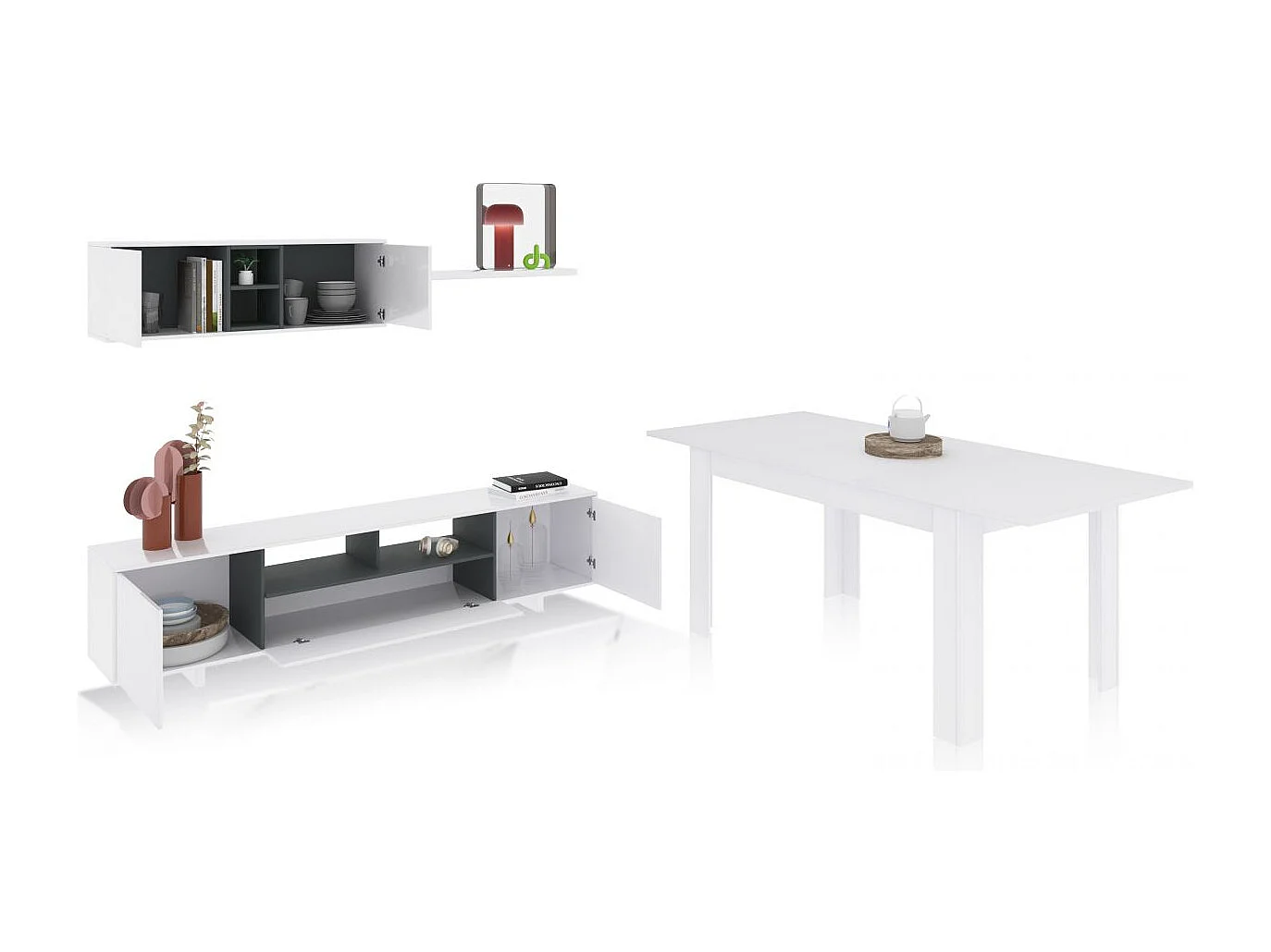 Pack salón con mesa de comedor Kenzo Plus VB Blanco Brillo - Gris Antracita