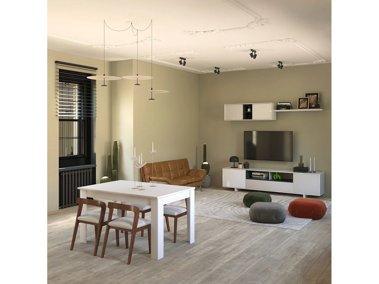 Pack salón con mesa de comedor Kenzo Plus VB Blanco Brillo - Gris Antracita